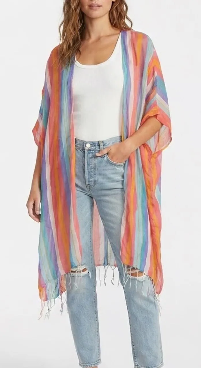 J.Crew Womens Rainbow Striped Organic Cotton Fringe Wrap Kimono S/M Multicolor