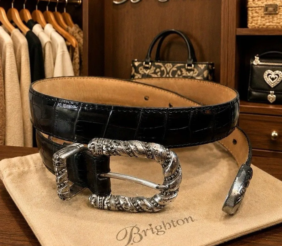 Brighton Black Croc Embossed Leather Belt Silver Buckle USA Women’s Medium 35