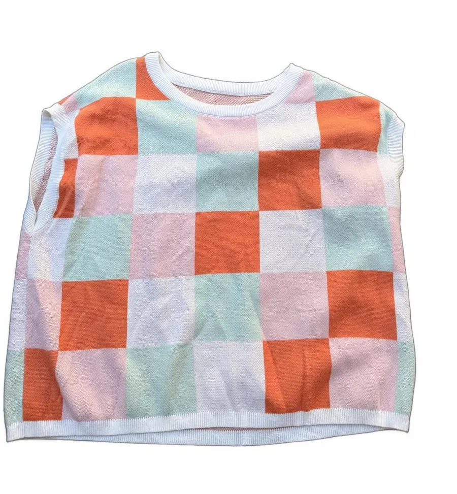 Women's Sleeveless Checkered Knit Top in Pastel Colors Size XL