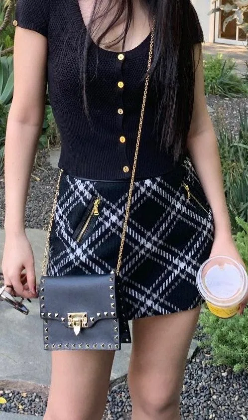Textured Tartan Plaid gold zip Mini Skirt