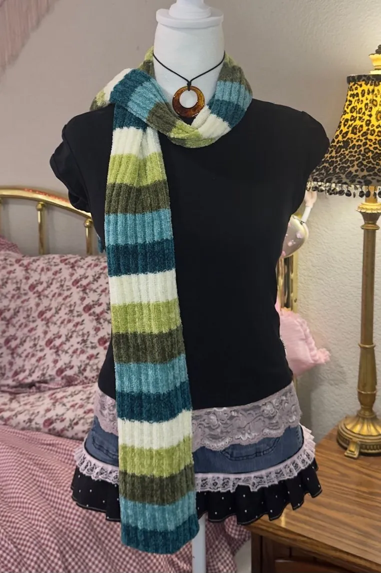 Y2K Striped Knit Scarf in Teal, Green & White Blue
