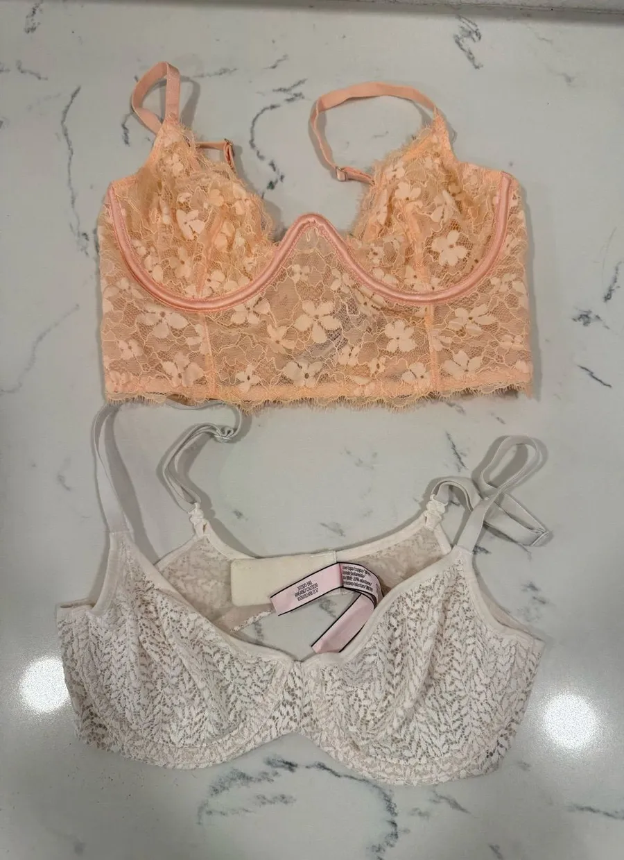 Victoria's Secret Peach Lace Longline Bralette & Cream Lace Underwire Bra Set