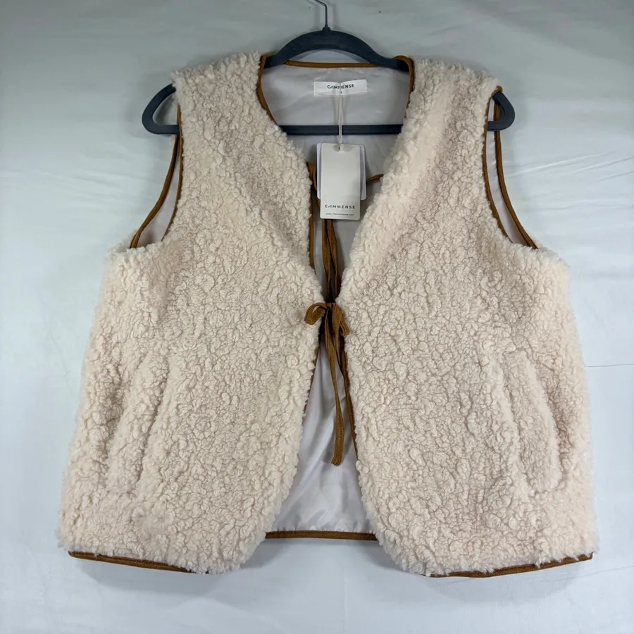 Commense Sherpa Fleece Vest Cream Tie Front Sleeveless Jacket Teddy Fleece Small Brown