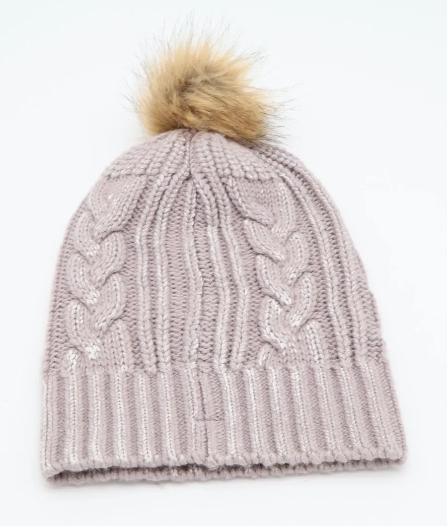 Free People Beanie Womens OS Wool Beanie Purple Metallic Cable Knit Pom