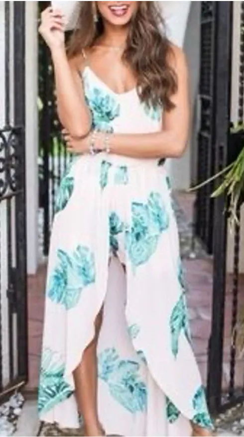 Pink Lily Boutique Pink & Green Palm Maxi Romper with Train Size L (19” PTP) Size L