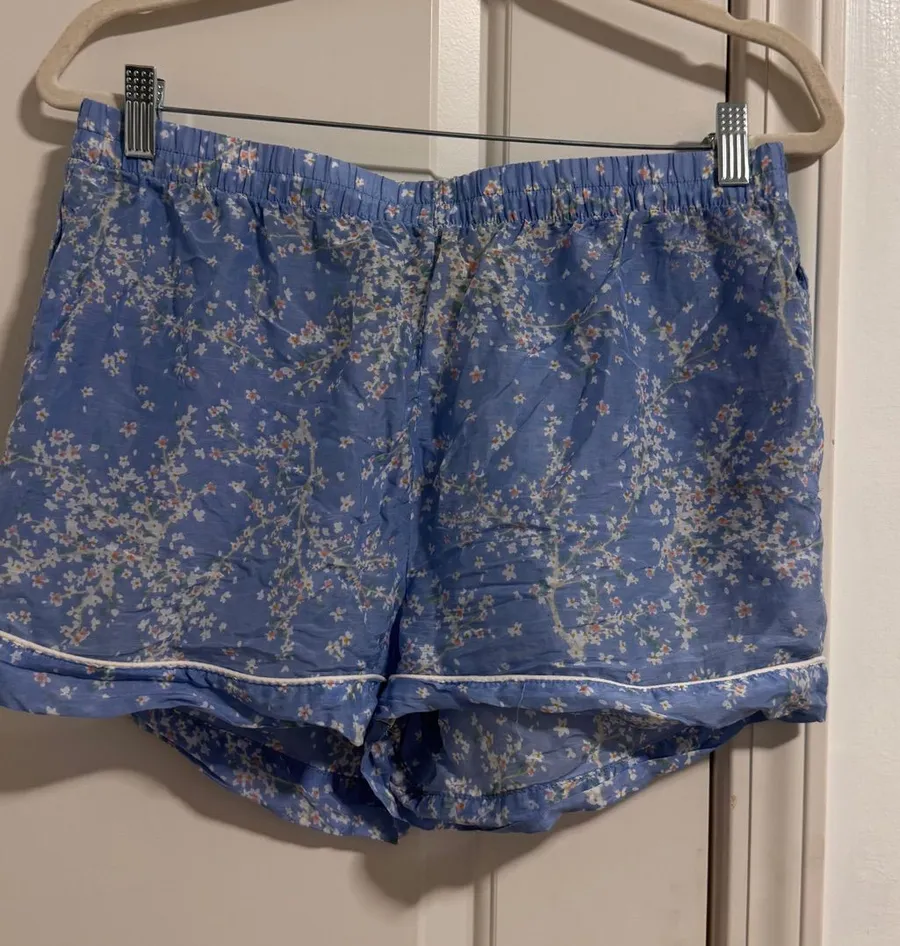 Blue Floral Women's Cotton Pajama Shorts with Elastic Waist Size M