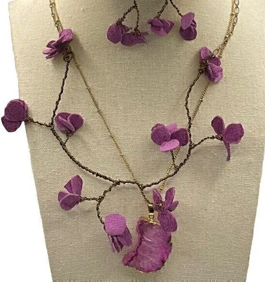 Vintage 3 Floral Wired Strand Purple Fuchsia Spacer Necklace W/ Paired N…