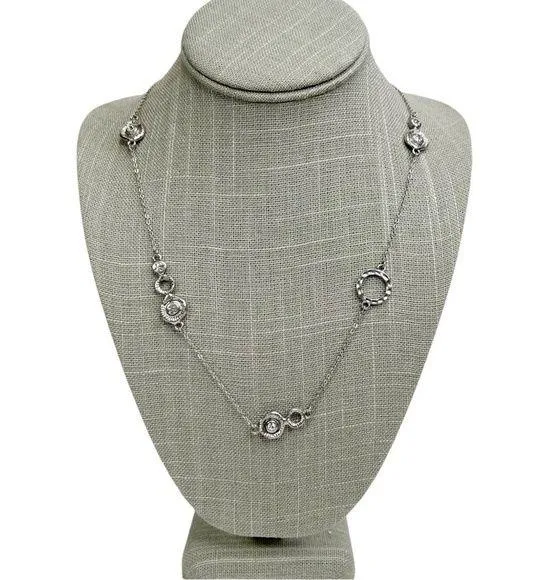 Silver Tone Textured Round Satellite Rhinestone Long Chain Necklace