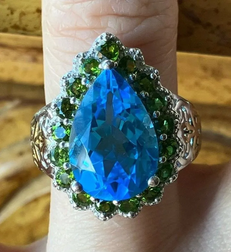 Natural Marambaia Topaz Chrome Diopside Cocktail Ring Size 6 Blue