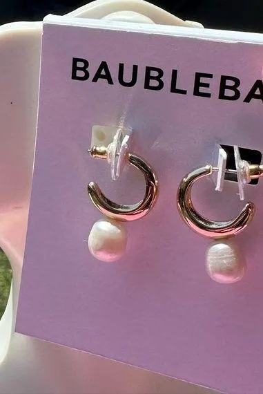 Baublebar gold tone open loops white pearl drops earrings