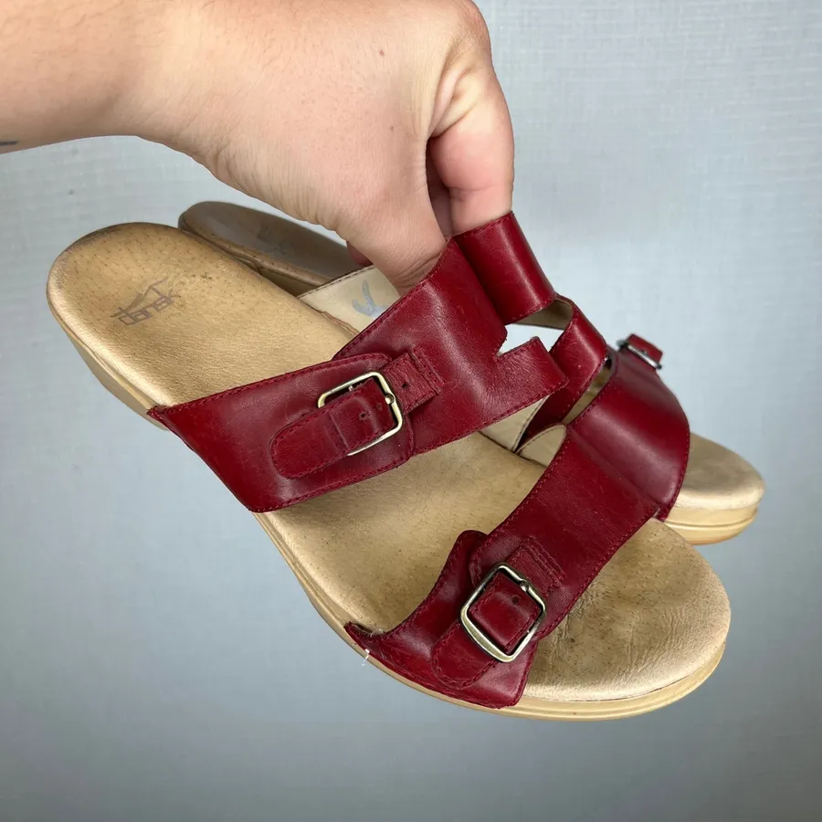 Dansko Red Leather Double Buckle Slide Wedge Sandals Women 38