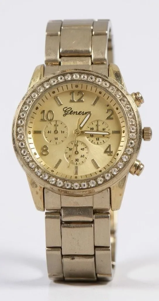 Geneva Gold Tone Rhinestone Bezel Faux Chrono Quartz Analog Women's Wrist Watch