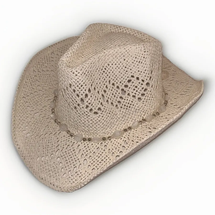 Tovoso Women Cream Paper Straw Cowboy Hat Beaded Band Open Weave NWT Festival