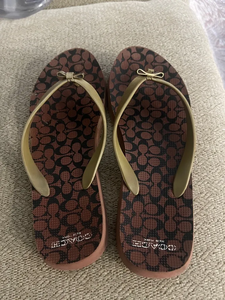 Coach Brown Signature Flip-Flop Sandals with Gold Straps