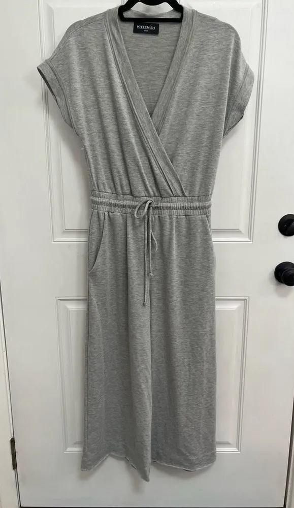 Kittenish gray jumpsuit sweats comfy wrap front drawstring wide leg small