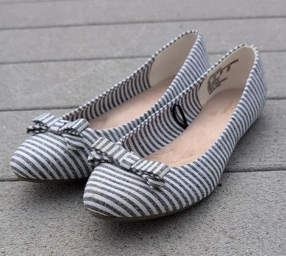 Basic Edition Striped Bow Flats | Striped Ballet Flats With Bow Blue Size 10