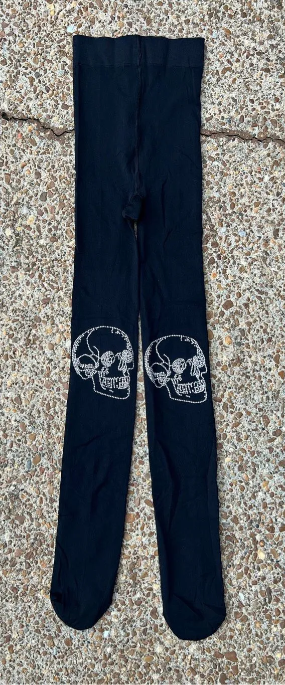 Studded Skull Metallic Rhinestone Black Tights Leggings Stockings One Size NWOT