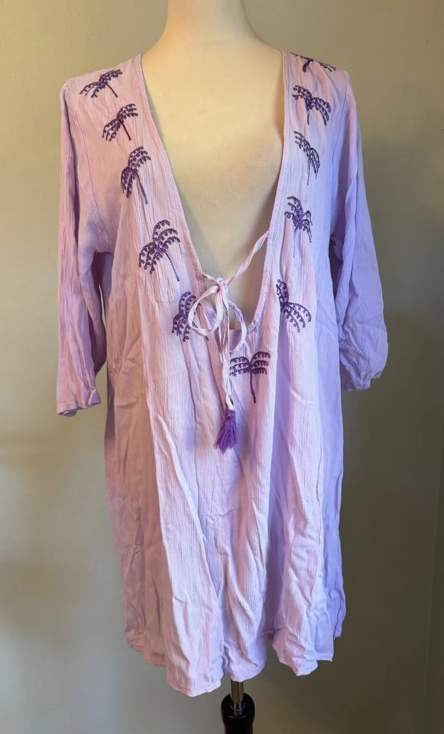 Salty Lemon Purple Palm Tree Embroidered Cover Up Dress boho resort beach Medium