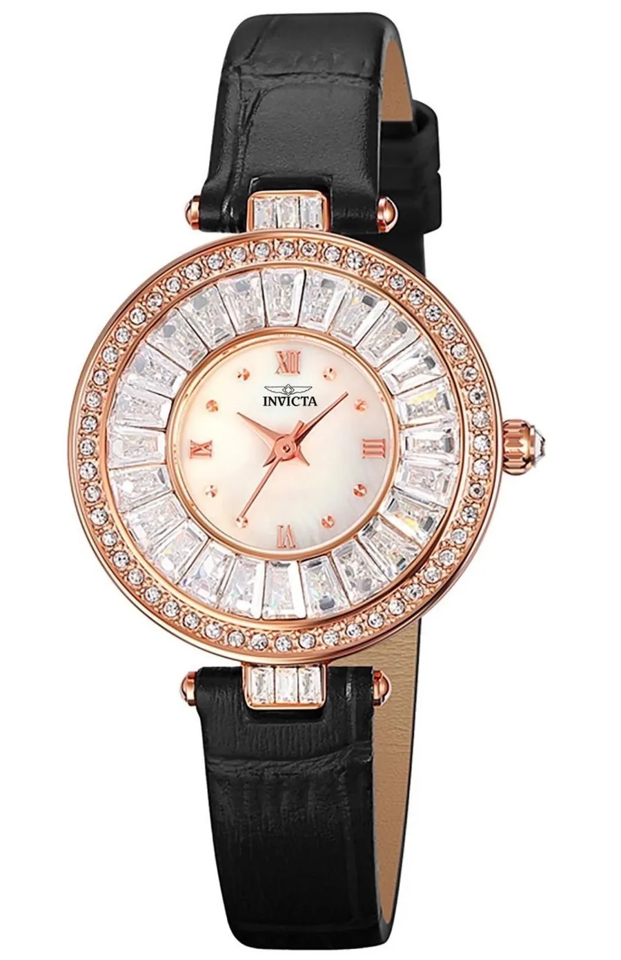 Invicta Celestial Lady 30mm Rose Gold Tone Case Gold Metal Dial Black Band