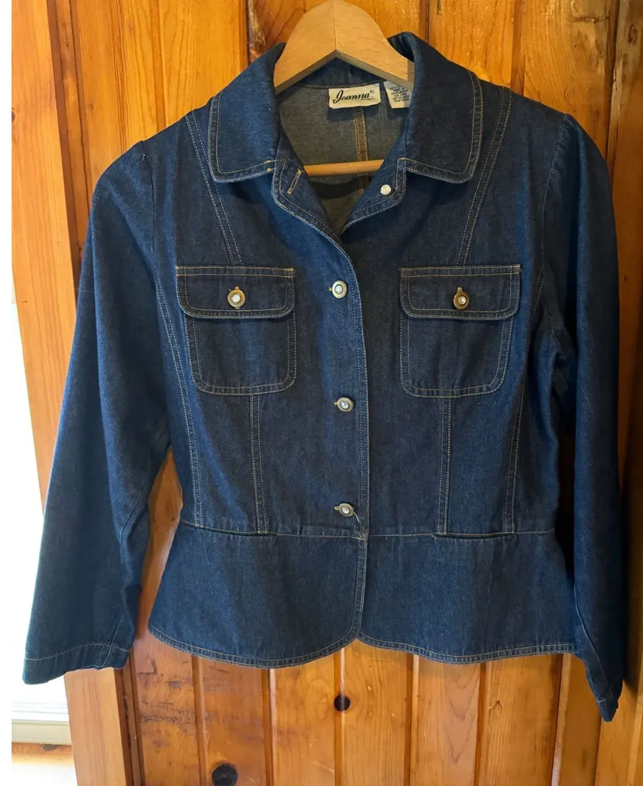 Joanna Dark Wash Denim Jacket Women's Fitted Peplum Blazer Small Blue