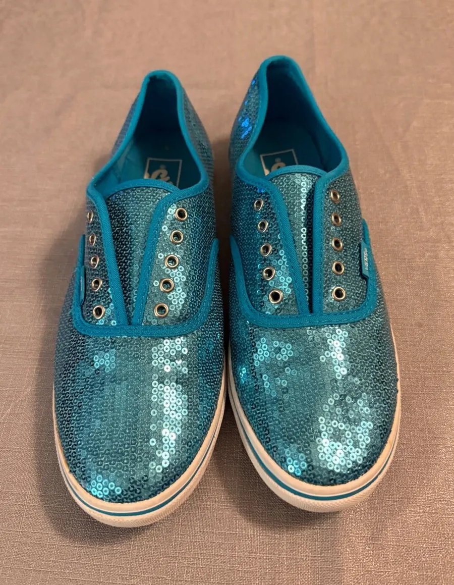 Vans Authentic Lo Pro Turquoise Blue Sequin Sneakers Womens 9.5 Mens 8 Low Top