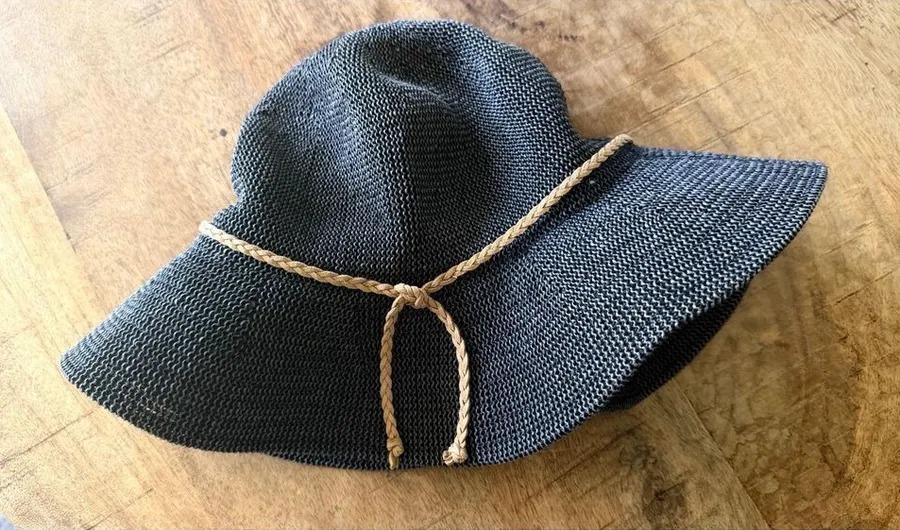 Karfil Wide Brim Sun Hat Black Straw Style Rope Detail Size 57cm S/M Gray