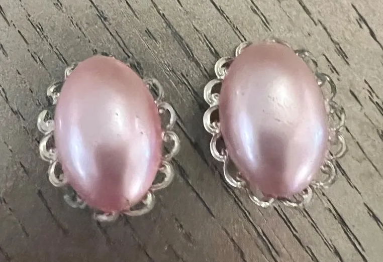 Vintage Pink Pearlescent Oval Earrings with Beaded Border