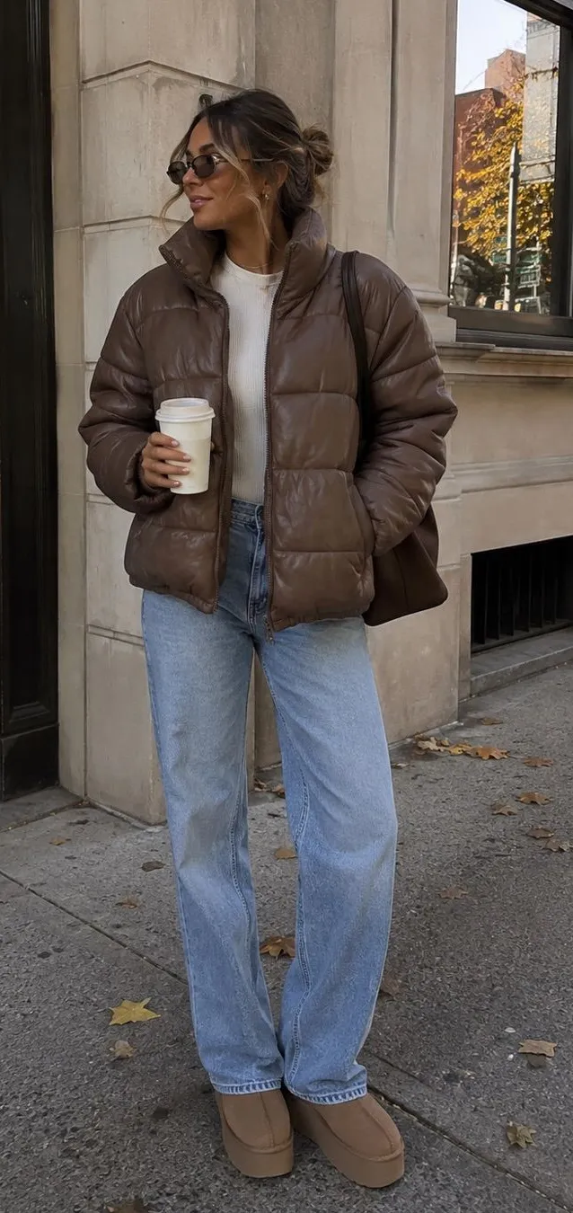 Women's Brown Quilted Puffer Jacket with High Collar