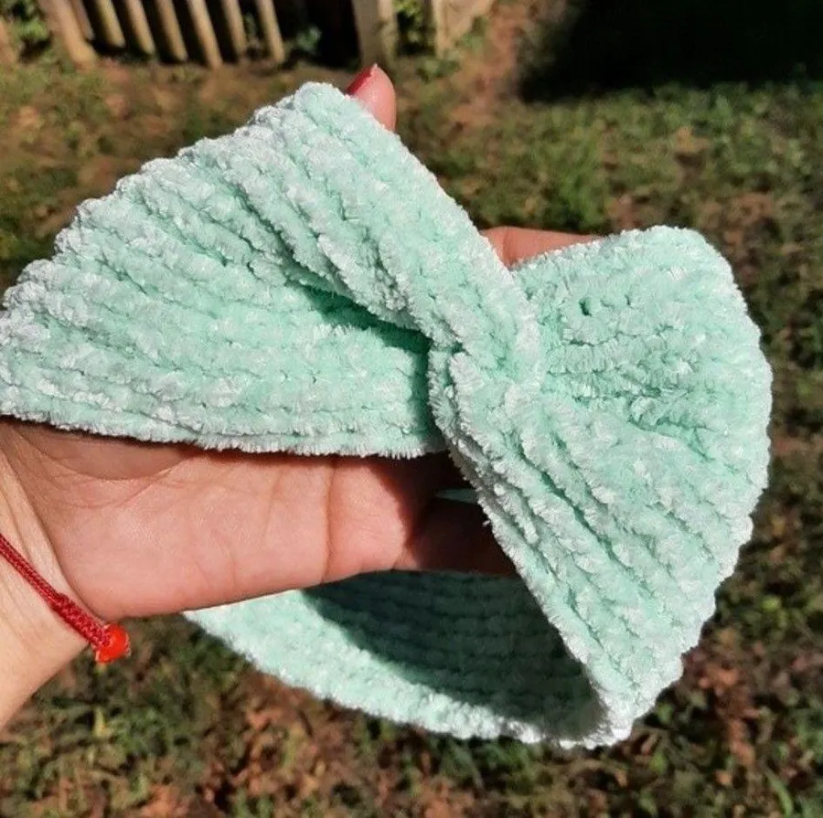 New Knitted Twisted Headband Ear Warmer Green Mint Chenille Handmade Handcrafted