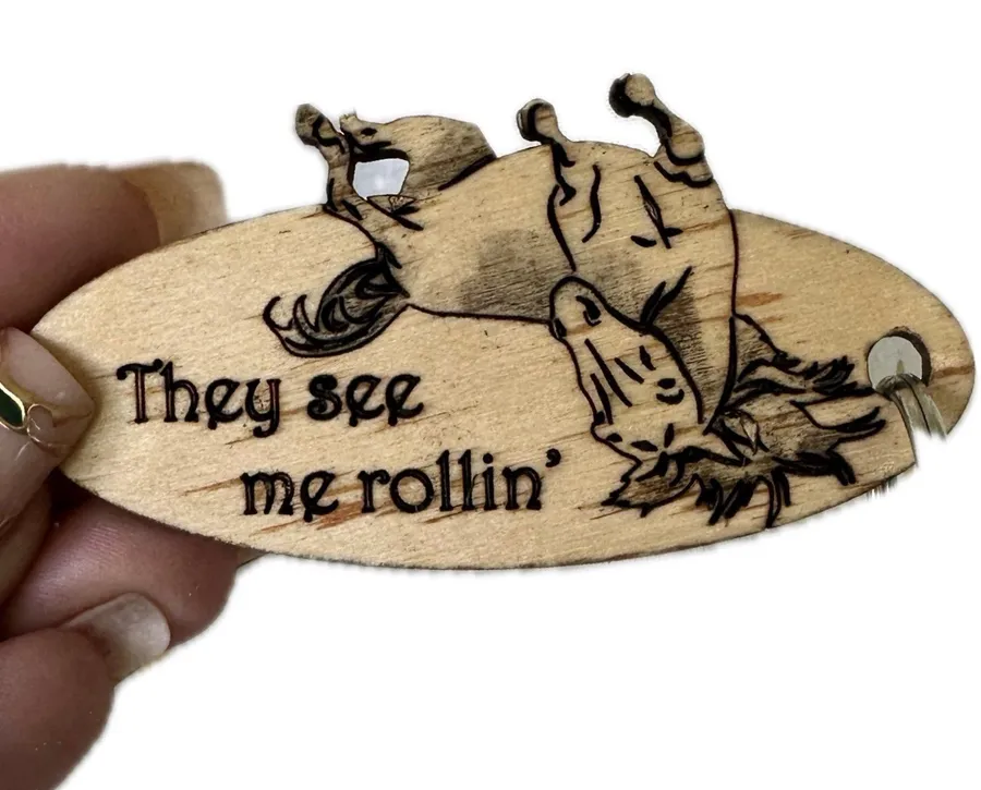 Unbranded Horse Lovers Laser "They See Me Rollin" Engraved Wooden Oval Key Ring Brown