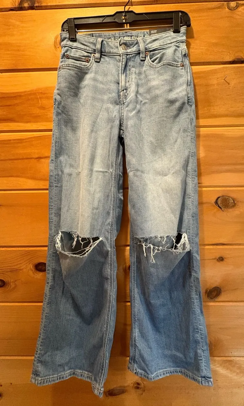 American Eagle Outfitters Light Blue Distressed Wide-Leg Jeans 23/000 Short NWT