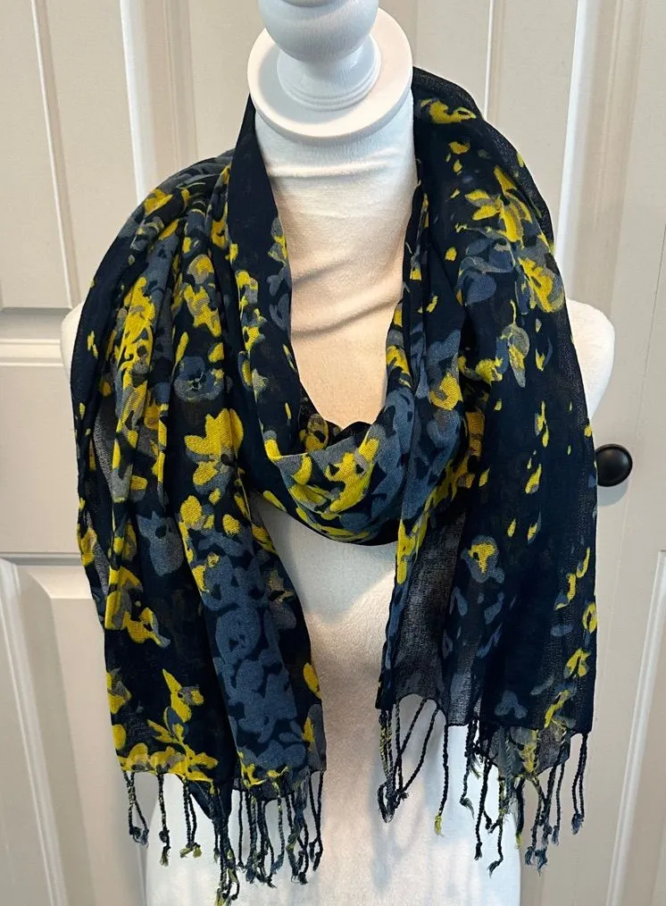 Old Navy Watercolor Floral Print Navy/Blue/Yellow Scarf