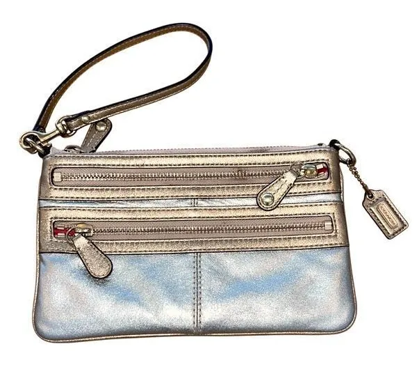 Coach Leather Wristlet Metallic Gold Triple Zippy Pocket