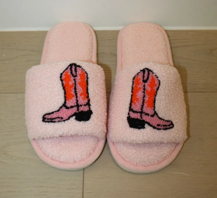 Women's Pink Fuzzy Slide Slippers with Boot Embroidery Size undefined