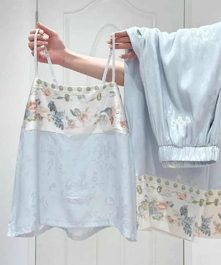 Light Blue Silky Floral Pajama Set