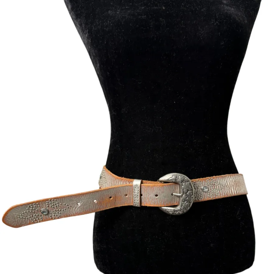 Bill Adler Design Brown Silver Rhinestone Western Boho Belt Etched Floral Medium