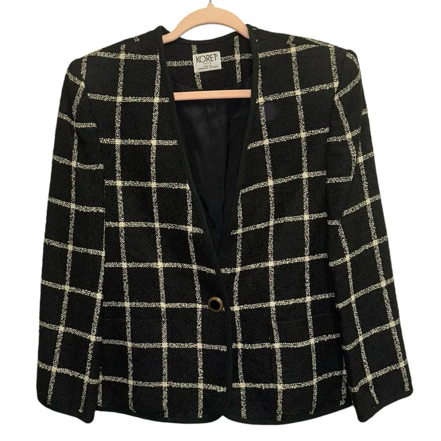 Vintage Koret Wool Blend Blazer 10 Petite Black White Windowpane Size 10P