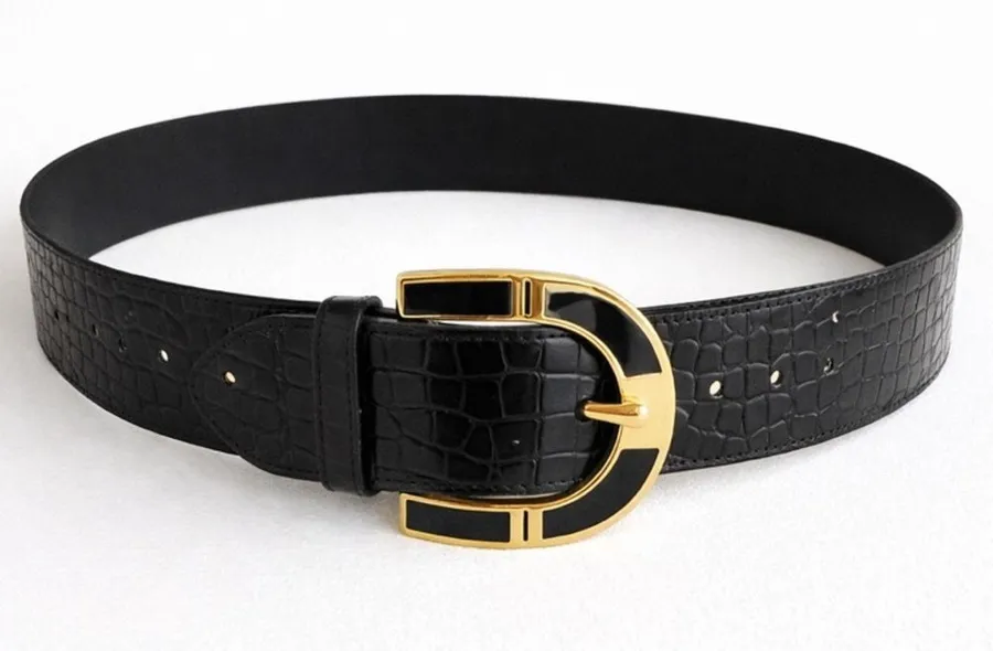 Vintage Avignon Black Croc Embossed Leather Gold Buckle Statement Wide Small
