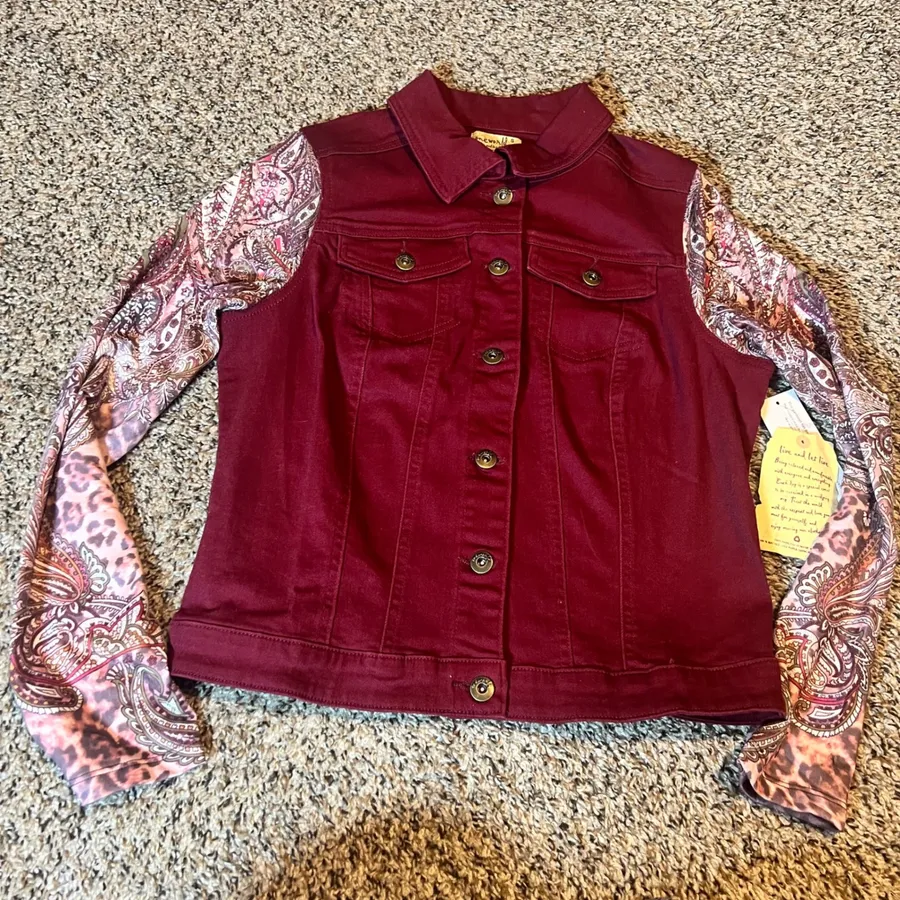 One World Womens Burgundy Denim Jacket Paisley Print Lighweight Sleeve Size S