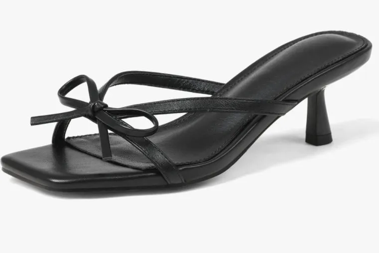 NEW Bow Pleated Kitten Heel Sandals Open Toe Low Mule Heels 7 Black