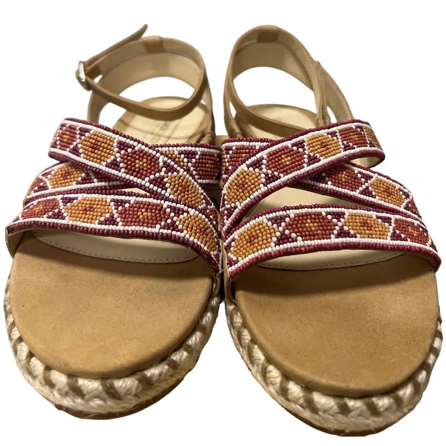 Laidback London Sandals Women Tan Excellence Beaded Espadrille Boho Ankle Strap Size 9