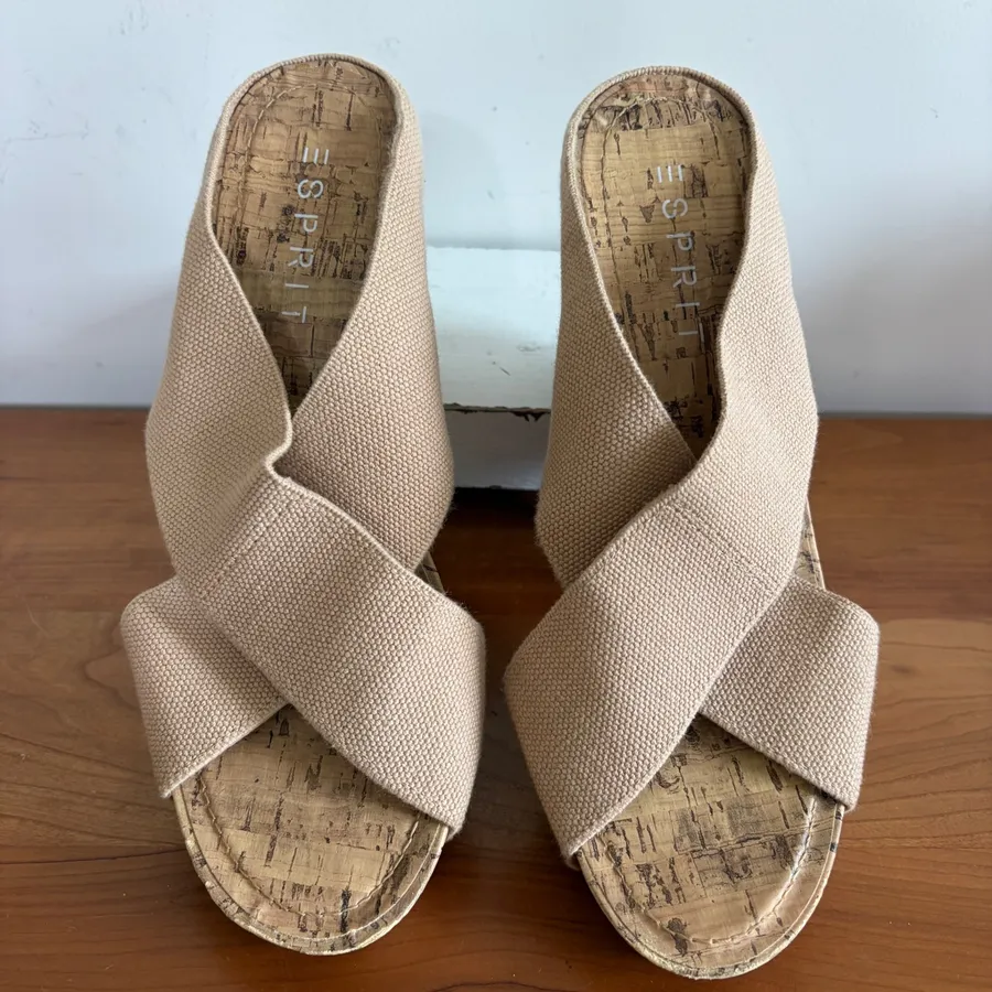 Esprit Womens Beige Canvas Criss Cross Studded Cork Wedge Sandals Size 8