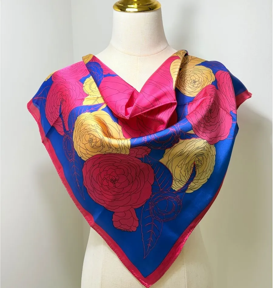 Vintage Floral Scarf in Blue, Pink, and Yellow