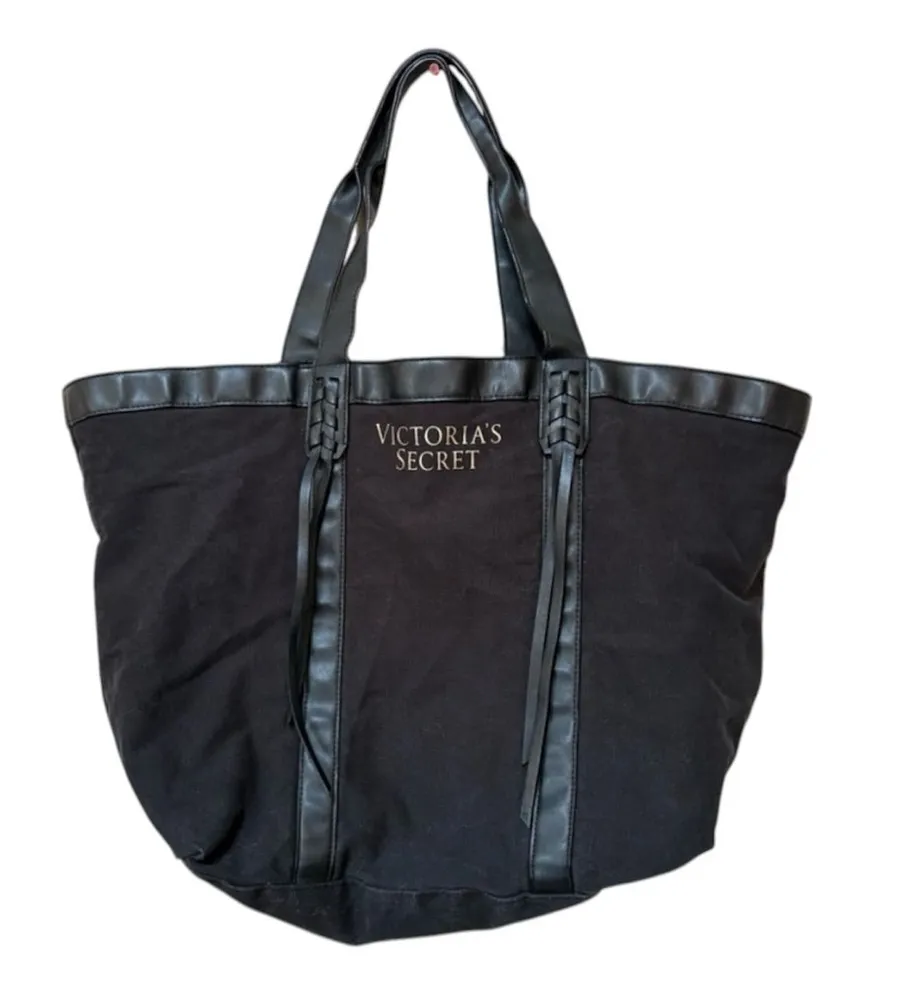 Victoria’s Secret Black Canvas Faux Leather Oversized Tote Weekender Bag