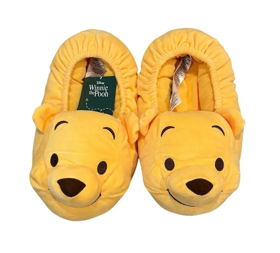 Disney Store Winnie The Pooh Plush Slippers M10 W12 Yellow Non Slip NWT
