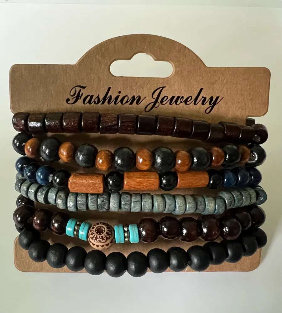 Boho Wood Beaded Stretch Bracelet Set – 6 Stackable Bracelets, Earth Tone Fashion Jewelry Multiple
