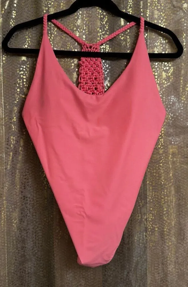 Aerie Peachy Pink Crochet Knit Racerback One Piece Swimsuit Large