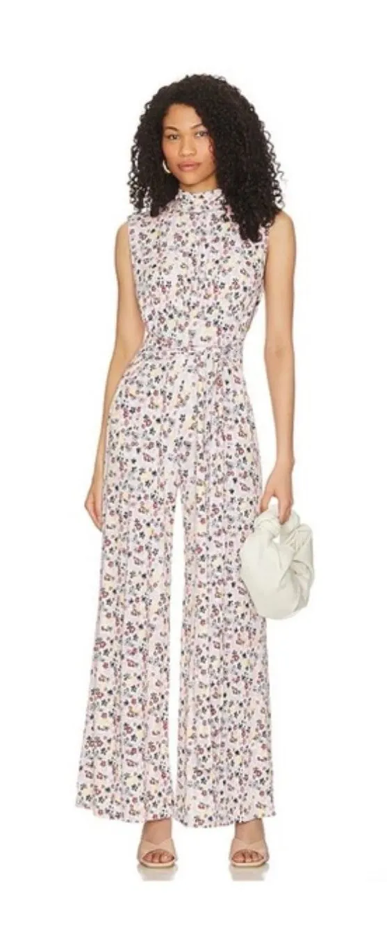 Free People Vibe Check Floral Wide Leg Jumpsuit Mock Neck Tie Waist Medium M