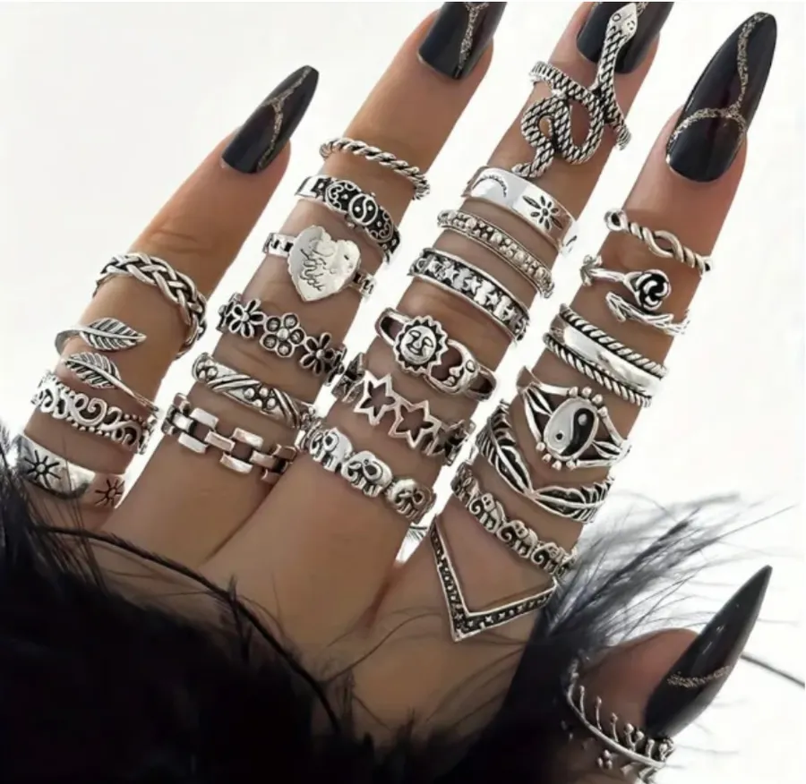25pcs Silver Stackable Rings – Boho jewelry, Floral, leaf ring & Vintage Designs