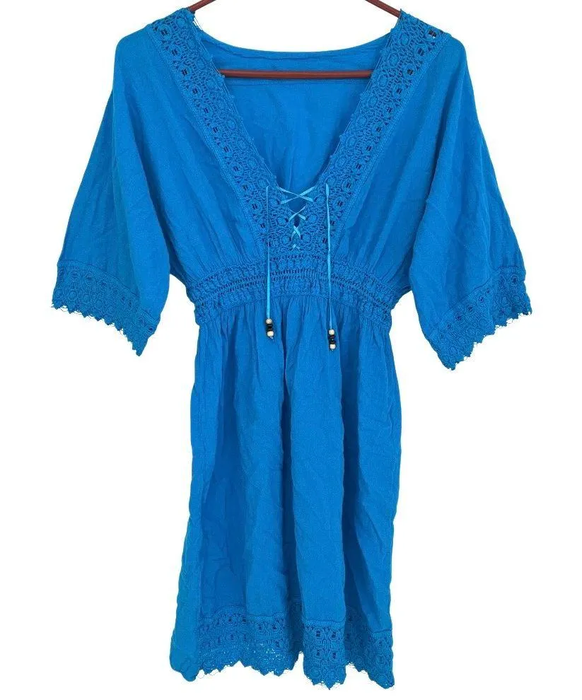 Blue Swim Cover Up Dress Womens S Lace Trim Beaded Ties Elastic Waist Beach Pool